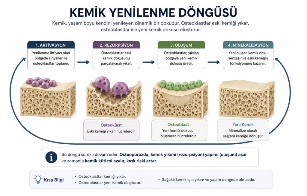 İnsan kemikleri yaşam boyunca osteoblast ve osteoklast adını verdiğimiz döngüde yenilenir.