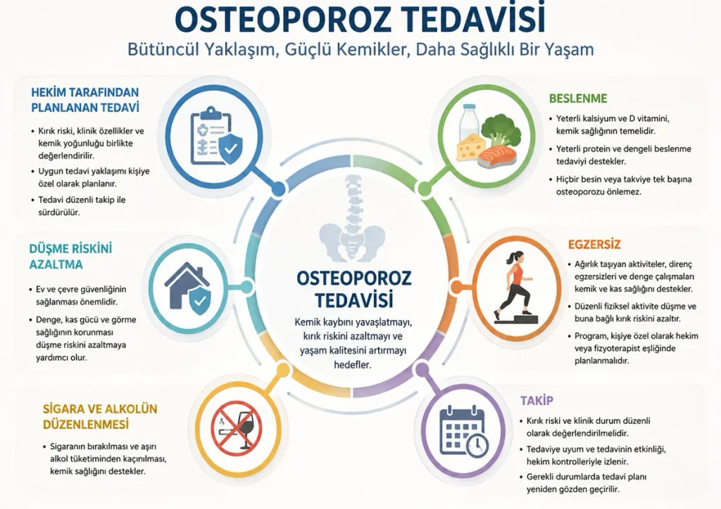 Osteoporoz tedavisi, beslenme, egzersiz, düşmeden korunma ve takip infografiği